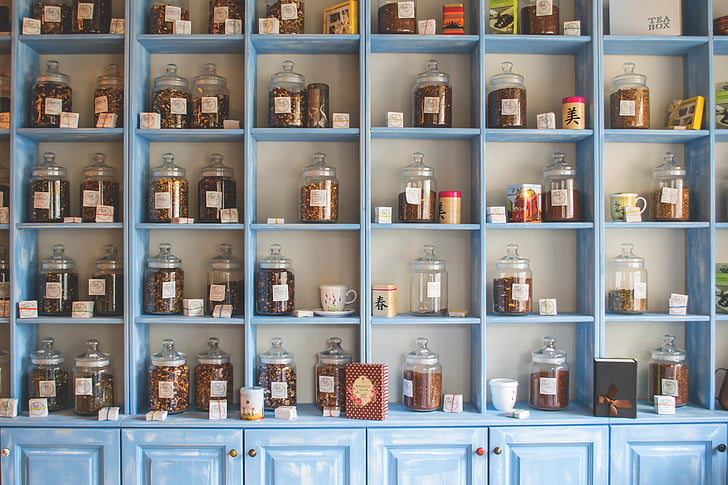 assorted, jars, wooden, rack, tea, shelves, cupboard