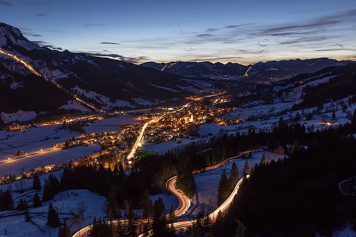 hora azul, fotografía de noche, invierno, montañas, Bad hindelang, Ostrachtal, Allgäu