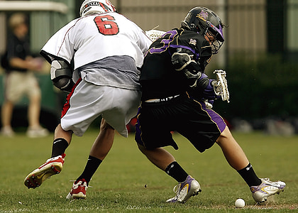 lacrosse, competition, collision, grass, field, lacrosse game, high school lacrosse
