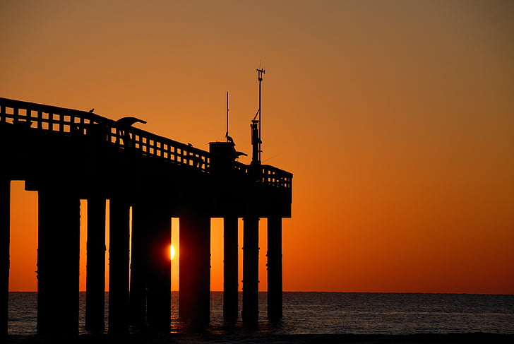 fishing pier, sunrise, orange sky, majestic, beauty, ocean, nature