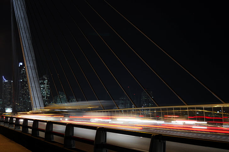 снимка, мост, нощ, светофар, скорост, движение, замъглено движение