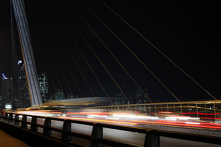 photo, bridge, night, traffic light, speed, motion, blurred motion