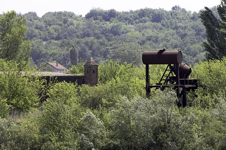 river danube, romania, abandoned machinery, abandoned building, overgrown, rusty, trees