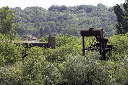 river danube, romania, abandoned machinery, abandoned building, overgrown, rusty, trees