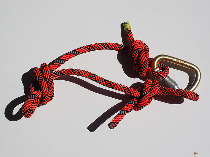 rope, climbing rope, carbine, red, knot, knotted