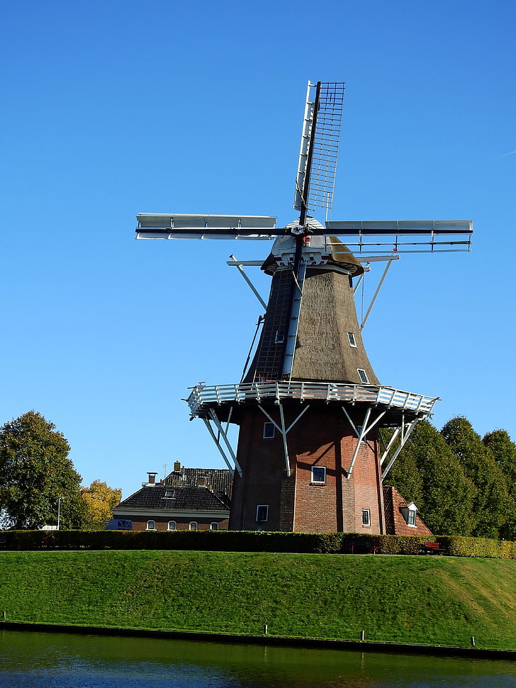 malūnas, vėjo malūnas, pastatas, dangus, sparnas, vėjo, Friesland