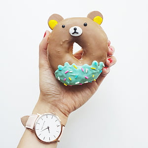 accessory, dessert, donut, doughnut, frosting, hand, sweets