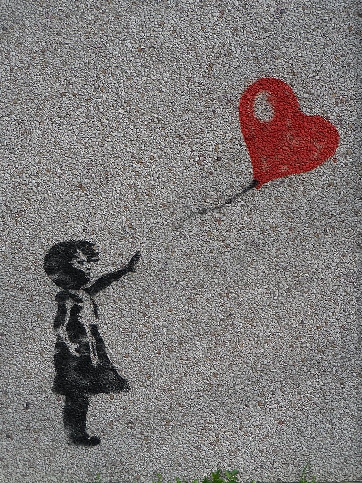 freska, meitene, gaisa balons, sirds, grafiti, nevainīgs, mīlu