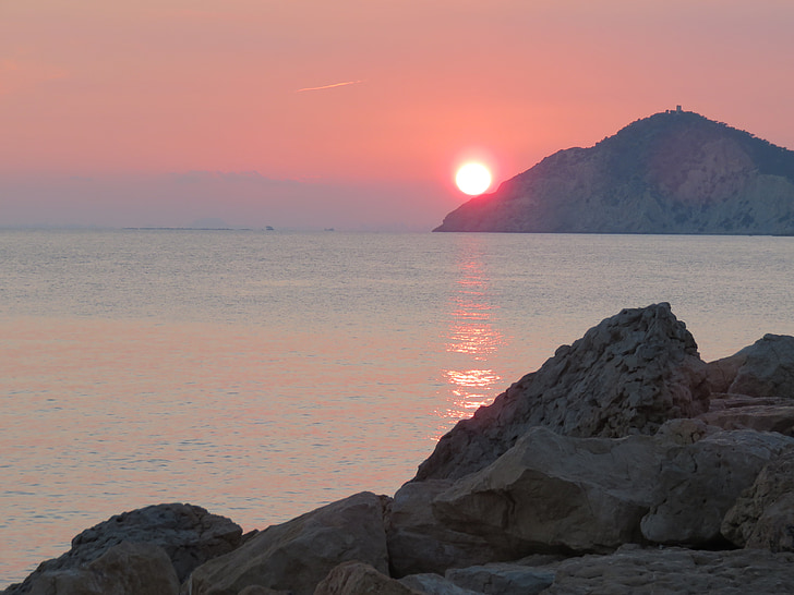 solnedgång, Medelhavet, havet, bergen, stenar, Sky, Orange