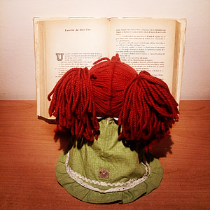 boneka, buku, dongeng, membaca, mainan, rambut merah
