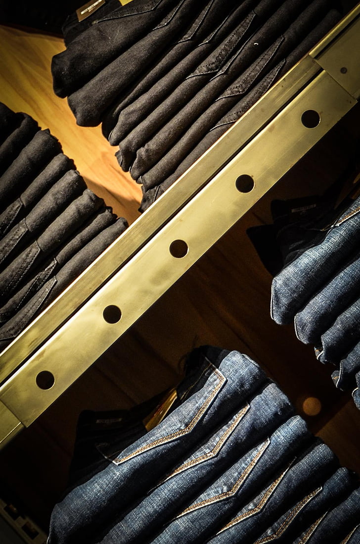 jeans, byxor, blå, Shop, shopping, hylla, utställning
