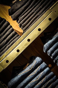 calças de brim, calças, azul, loja, fazer compras, prateleira, exposição