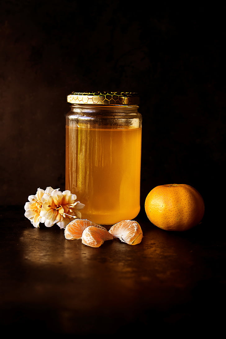 honey, glass, jar, beside, citrus, fruit, food