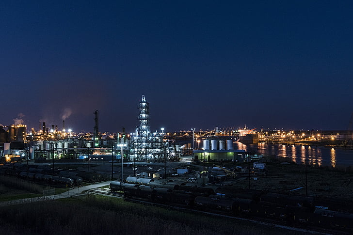 industrial, refinery, petroleum, oil, petrochemical, skyline, dusk