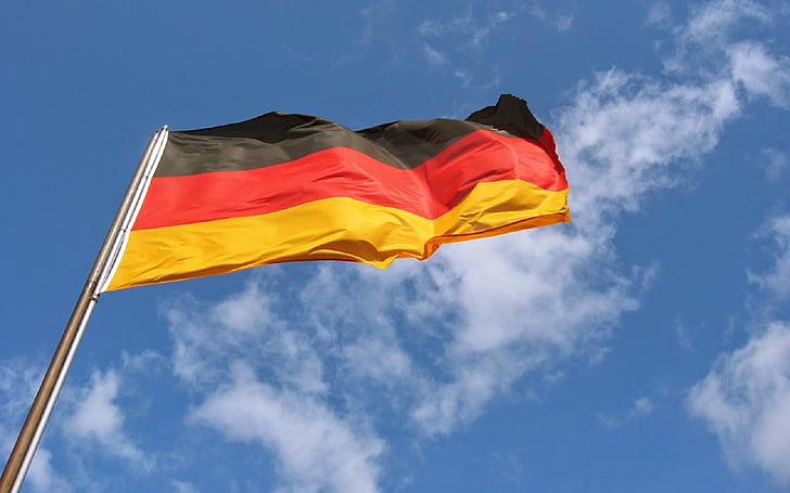 Tyskland flag, flyvende, vinker, brise, flagstang, tysk, symbol