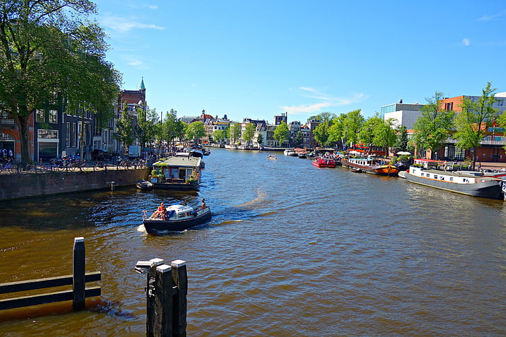 Amszterdam, Amstel folyó, városközpont, panoráma, holland, Hollandia