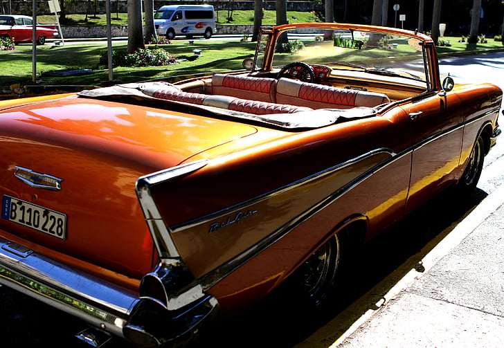cuba, car, chevy, bel air, convertible, orange, gold