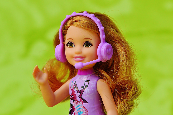 dziecko, Muzyka, Barbie, śpiewać, słuchawki, mikrofon, Dziewczyna