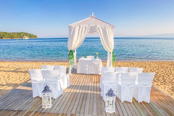 結婚式, 結婚, テーブル, 椅子, ガゼボ, ビーチ, 太陽の光