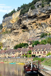 falaise, rivière, rive, barge, village, maisons, Roque gageac