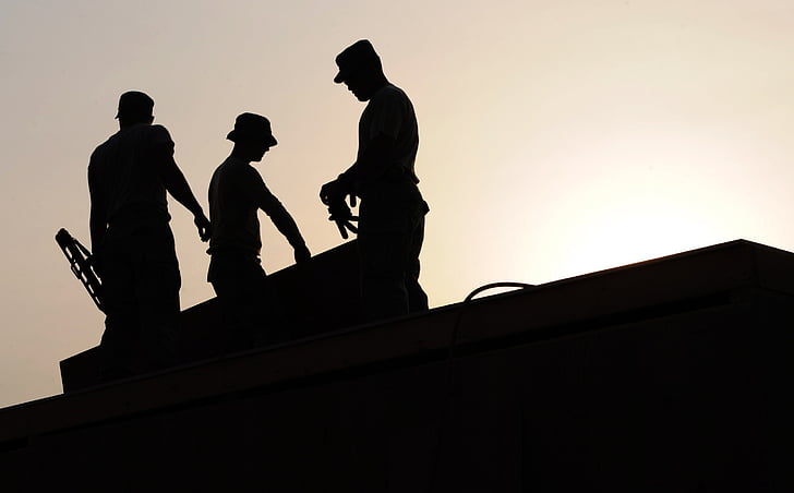 Foto, tres, hombres, techo, edificio, construcción, trabajo