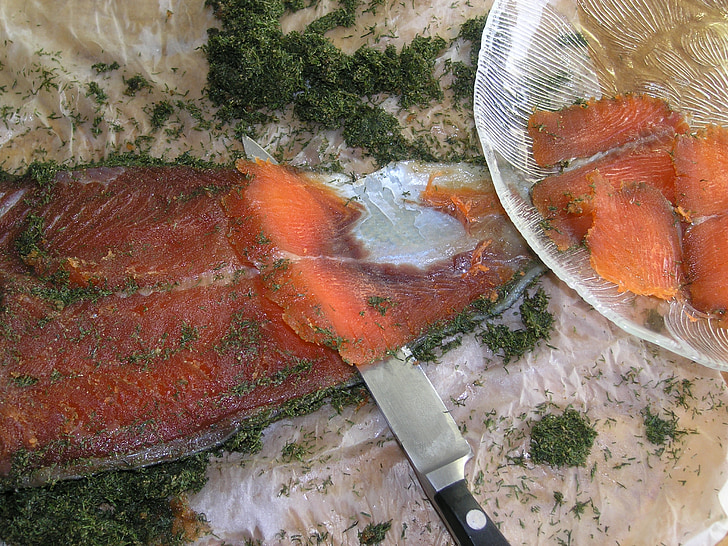 salmon, gravlax, fish, slices, cut, food, dining