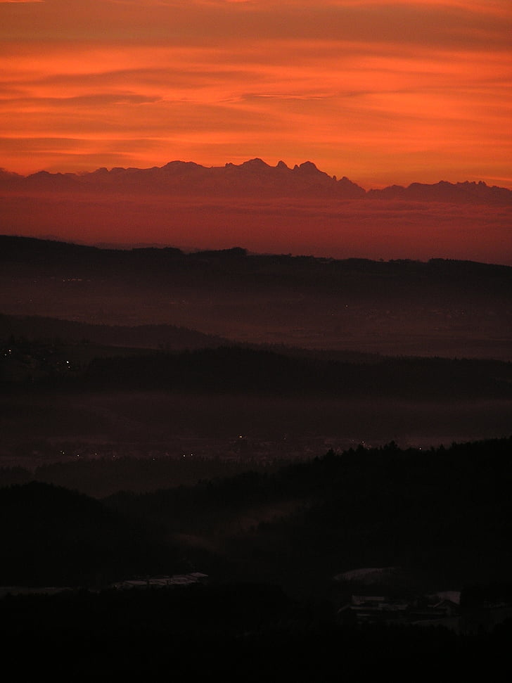 východ slunce, Bayer Les, údolí Dunaje, Alpenblick, pohled, Horizont, krajina