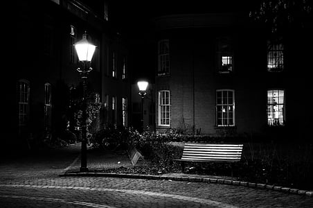 Zutphen, lumière, sombre, soirée, nuit, banc, enluminés