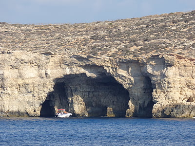 comino, malta, cave, travel, mediterranean, blue, sea