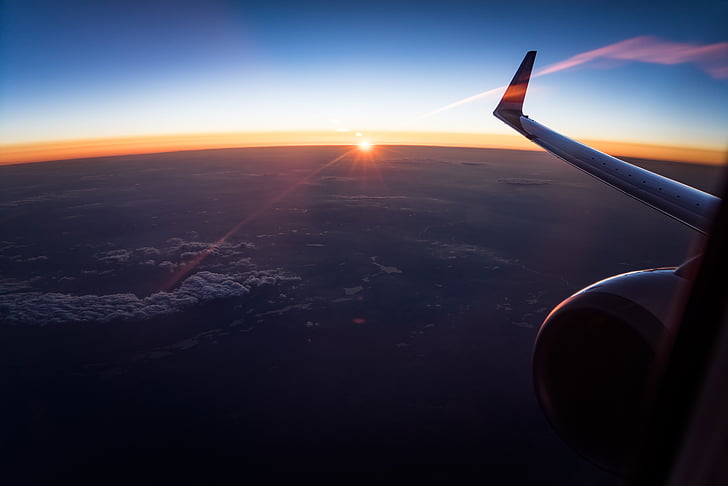 vue, coucher de soleil, fenêtre de, avion, technologie, avion, ailes