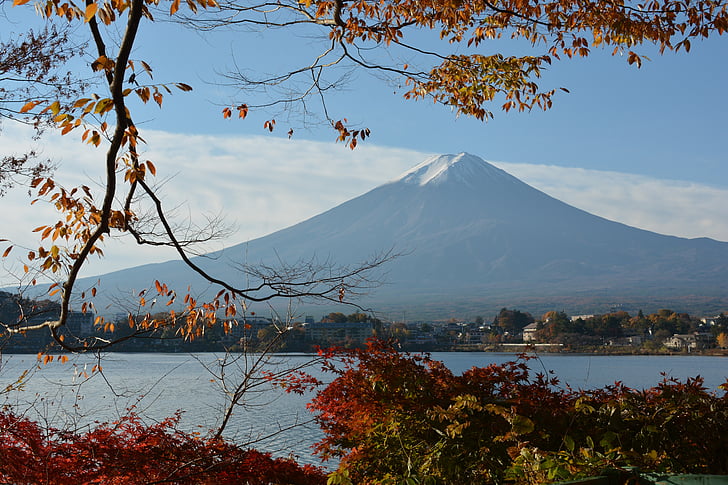 Японія, Осінь, Світова спадщина ЮНЕСКО, Гора, сніг, небо, озеро