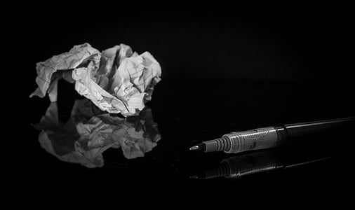 black-and-white, crumpled paper, paper, pen, trash
