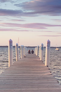 solnedgång, par, vatten, segelbåtar, sommar, sjön, Pier