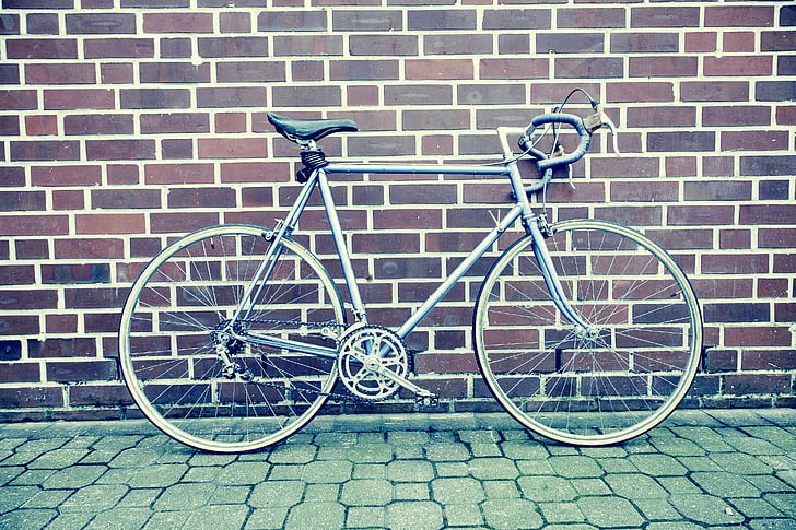 bicycle, bike, brick wall, classic, monochrome, pavement, racing bike