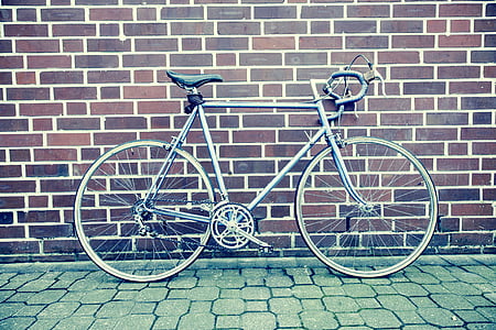 자전거, 자전거, 벽돌 벽, 클래식, 흑백, 포장, 경주 자전거