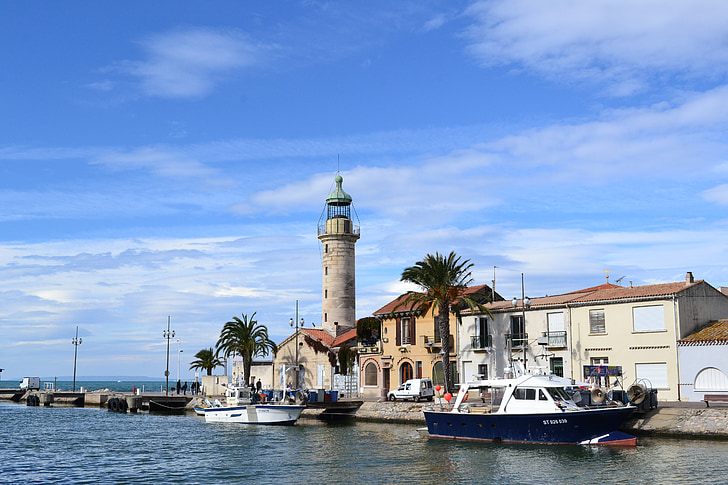Lighthouse, Grau du roi, Camargue, hamn, palmer, havet, Medelhavet