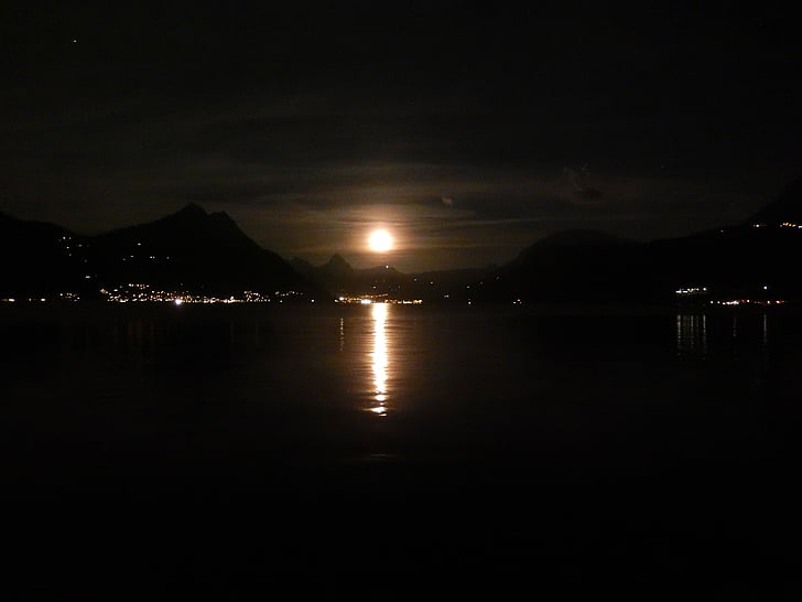 Księżyc, Jezioro, noc, Moonlight, nastrój, krajobraz