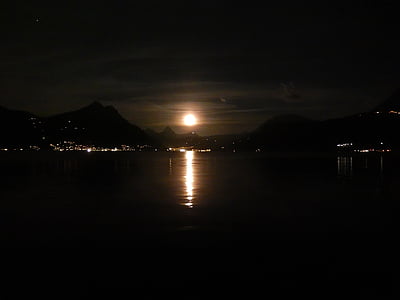 Luna, Lago, noche, luz de la luna, Estado de ánimo, paisaje