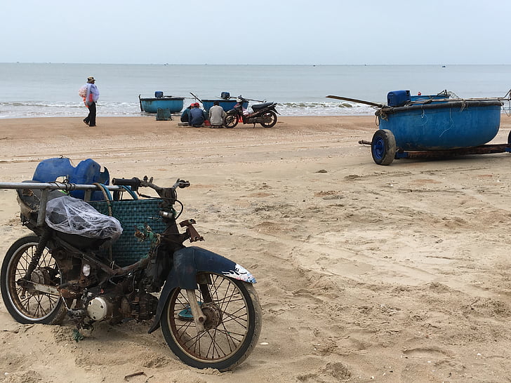Memancing, Sepeda, pasir, biru, musim panas, Pantai, laut