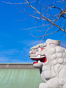 new year's, shrine, japan, guardian dogs, sky