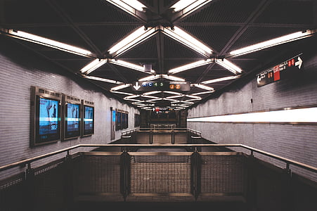 stainless, steel, stair, rail, subway, station, transportation