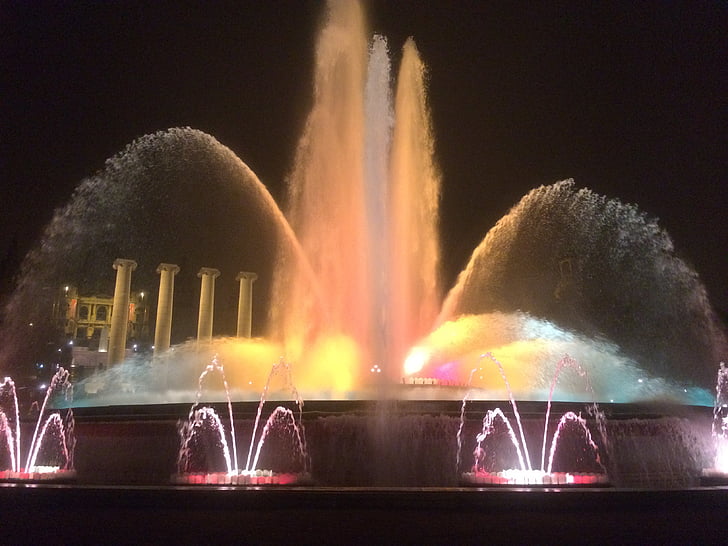 fountain, water, lights, colors, barcelona