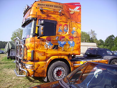 airbrush, truck, colorful, orange, yellow, graffiti