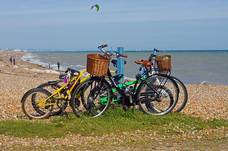 bicykle, bicyklov, Bike, bicykle, zaparkované, morské pobrežie, more