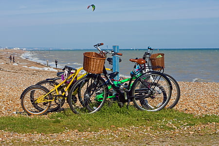 kerékpárok, kerékpár, kerékpár, kerékpár, parkol, tengerparti, tenger