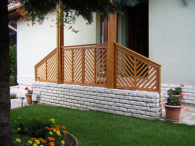 patio handrails, garden, flowers, building