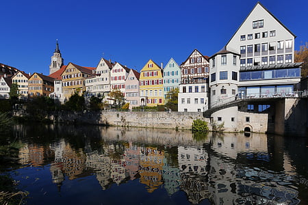 Tübingen, Neckar, óváros, tükrözés, egyetemi város, építészet, Európa