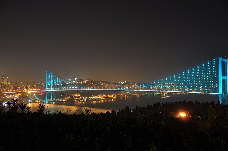 Босфорский мост, мост, ночь, фары, город, городской пейзаж, Ночной свет