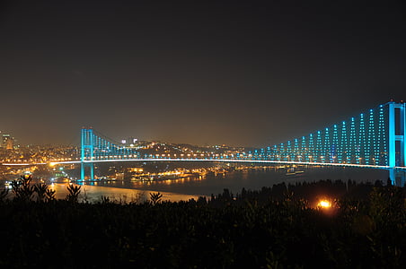 eo biển Bosphorus bridge, Bridge, đêm, đèn chiếu sáng, thành phố, cảnh quan thành phố, ánh sáng ban đêm