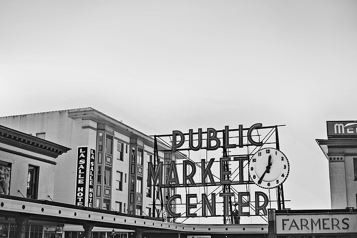 Seattle, Starbucks, Pikes peak, mercado público, lugar, América, relógio